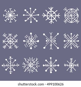 Vector set of decorative hand drawn snow flakes. Black and white seasonal winter signs, symbols and icons, isolated on the white. Graphic vector illustration. 