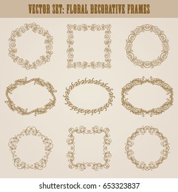 Vector set of decorative hand drawn elements, border, frame with floral elements for design of invitation, greeting, wedding, gift card, certificate, diploma, voucher. Page decoration in vintage style