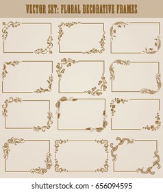 Conjunto vetorial de elementos decorativos desenhados à mão, borda, quadro com elementos florais para design de convite, saudação, casamento, cartão de presente, certificado, diploma, voucher. Decoração de página em estilo vintage