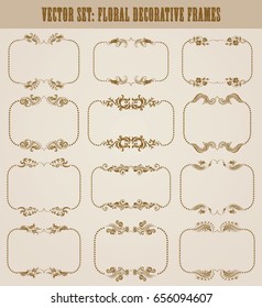 Vector set of decorative hand drawn elements, border, frame with floral elements for design of invitation, greeting, wedding, gift card, certificate, diploma, voucher. Page decoration in vintage style