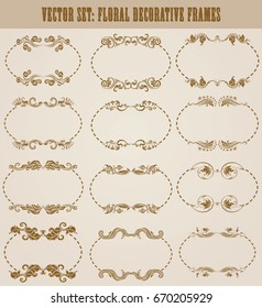 Vector set of decorative hand drawn elements, border, frame with floral elements for design of invitation, greeting, wedding, gift card, certificate, diploma, voucher. Page decoration in vintage style