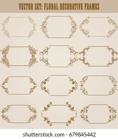 Vector set of decorative hand drawn elements, border, frame with floral elements for design of invitation, greeting, wedding, gift card, certificate, diploma, voucher. Page decoration in vintage style