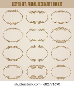 Vector set of decorative hand drawn elements, border, frame with floral elements for design of invitation, greeting, wedding, gift card, certificate, diploma, voucher. Page decoration in vintage style