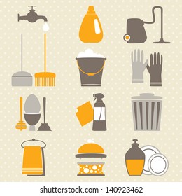 Vector set of decorative home cleaning elements on spotted background. Vector illustration
