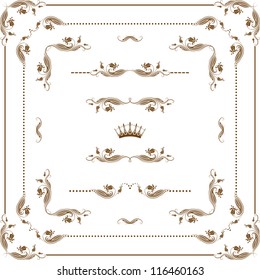 Vector set of decorative horizontal elements, corners, borders and frame. Page decoration.