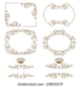 Vector set of decorative horizontal elements, border and frame with floral elements for design of invitation, greeting, gift card, certificate, diploma, voucher. Page decoration in vintage style.