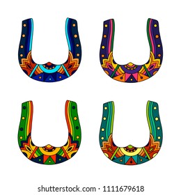 Vector set of decorative horseshoes on white background. Flat design. Illustration.
