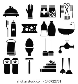 Vector set with decorative hygiene icons silhouettes on white background. Vector illustration
