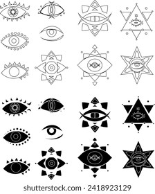 Vector set of decorative illustrations of magic eyes. Decorative eyes, Alchemy, symbol, design, mysticism, stencils, icons, logo, ruler, tattoo.