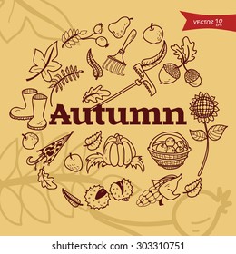 Vector set of decorative images of autumn leaves and attributes