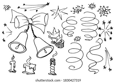 Vector set of decorative isolated elements drawn by a pen on paper. A simple image of stars, snowflakes, curves, holiday bells, candles. Black on white.
