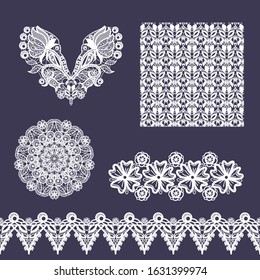 Vector set of decorative lace elements for design and fashion in ethnic indian style. Neckline, seamless, border and patterns. Flowers and leaves ornaments