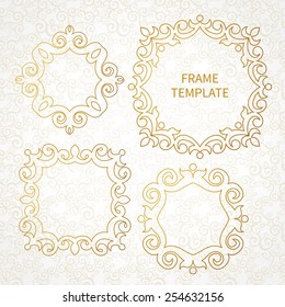 Conjunto vectorial de cuadros decorativos de arte de línea para la plantilla de diseño. Elegante elemento para el diseño del logo en estilo oriental. Borde floral de contorno dorado. Ilustración de encaje para invitaciones y tarjetas de felicitación.