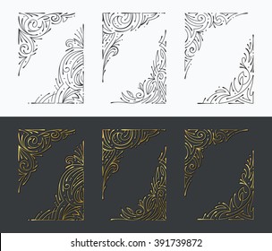 Vector set of decorative line corners, monochromatic graphical and golden isolated frame elements. 