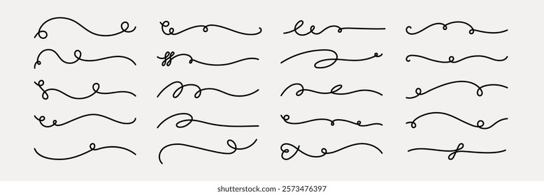 Vector set. Set of decorative line dividers, featuring swirls and curls. These line dividers add elegance and style. Perfect for design projects needing line dividers. Hand drawn ornament vector set.