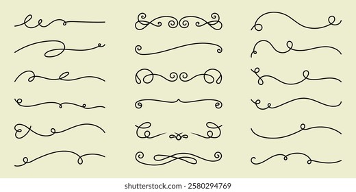 Vector set. Set of decorative line dividers, swirls, and flourishes. Elegant swirls and flourishes for design. Line dividers add style. Perfect for elegant designs. Hand drawn ornament vector set.