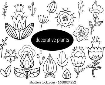 Vector set of decorative linear flowers, leaves, branches, stamens on a white background in cartoon style for textile, packaging design, printing