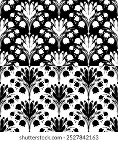 Vector set of decorative monochrome pattern with lilies of the valley. Collection of textures with black and white silhouette floral symmetrical arrangement. Wallpaper with spring flowers 