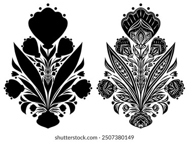 Vector set of decorative monochrome tracery clip art isolated from background. Collection of black  floral symmetrical illustrations with flowers and foliage for stickers, bookmarks and postcards