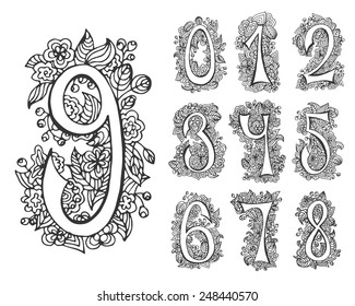 Vector set of decorative numbers for cards and designs. Hand drawn font and contours.