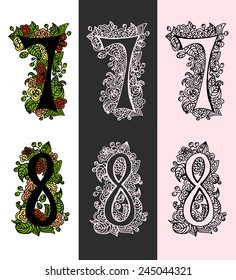 Vector set of decorative numbers in different variations. Hand drawn font and contours.