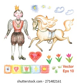 Vector set of decorative objects for design with the image of the prince, heart, horse, flowers, ornaments for the frame. Drawn by hand wax crayons