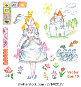 Vector set of decorative objects for design with the image of the princess,  flowers, sun, castle, fishes, ornaments for the frame. Drawn by hand wax crayons