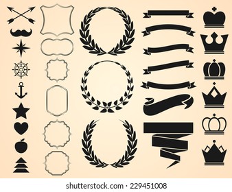 Vector set of Decorative Ornament Borders and Page Dividers, frames, ribbons, banners, crowns, circular laurel foliate and wheat wreaths depicting and objects for vintage design.