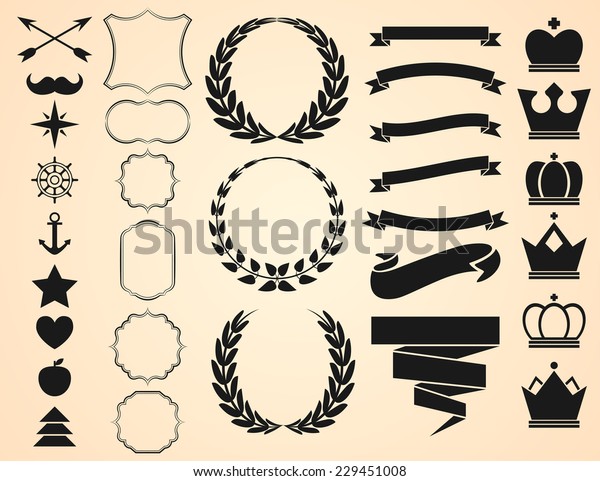 Vector set of\
Decorative Ornament Borders and Page Dividers, frames, ribbons,\
banners, crowns, circular laurel foliate and wheat wreaths\
depicting and objects for vintage\
design.