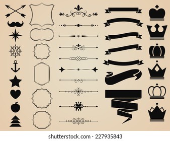 Vector set of Decorative Ornamental Borders and Page Dividers, ornament, frames, ribbons, banners, crowns and objects for vintage and hipster design. 