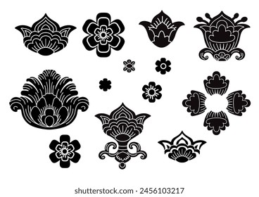 Vector set of decorative ornamental flowers and petals. Black silhouettes isolated on a white background. For postcards, print, laser cutting, engraving, clothes, embroidery and dishes design.