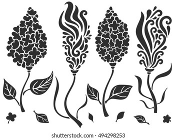 Vector set of decorative ornamental hand drawn flowers. Stylized lilac branches