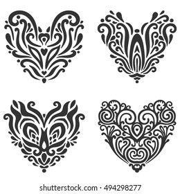 Vector set of decorative ornamental hand drawn hearts