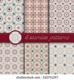 Vector set of decorative ornamental seamless patterns. Collection of patterns in beige, red and green colors.