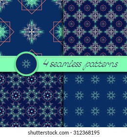 Vector set of decorative ornamental seamless patterns. Collection of patterns in green and dark blue colors.