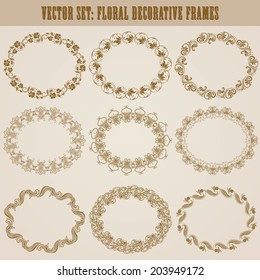 Vector set of decorative ornate border and frame with floral elements for invitations, gift, greeting card. In vintage style. Page decoration