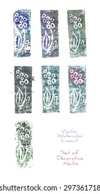 A vector set of decorative paintings of a stylized herb made as several imprints from a watercolor linocut