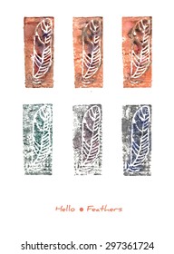 A vector set of decorative paintings of a stylized feather made as several imprints from a watercolor linocut