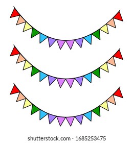 Vector set of decorative party pennants with different lengths. Celebrate flags. Rainbow garland. Birthday decoration. Hanging colored flags.