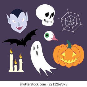 Vector set of decorative pictures for Halloween, bright stickers with ghost, pumpkin with smiling face, vampire, bat, candles, eyeball, spider web, skull 