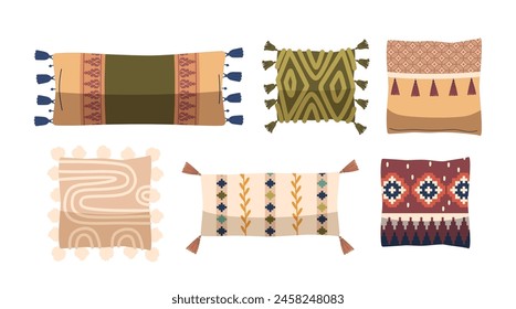 Vector Set of Decorative Pillows with Eastern-inspired Designs, Patterns And Tassel Details, Various Shapes And Colors