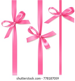 Vector set of decorative pink bows with vertical pink ribbon isolated on white. Beautiful rose gift bow for page decor. Holiday decorations