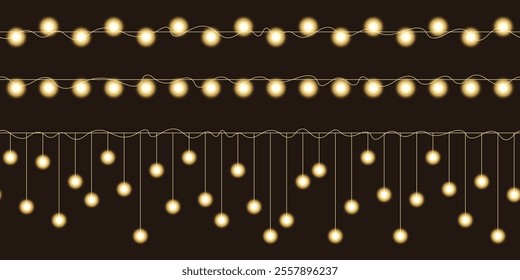 Vector set of decorative realistic new year luminous seamless garlands. Garland with yellow bulbs. Set of christmas lights on wire. design for new year, chinese new year, christmas card, banner.