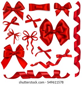 Vector set of decorative red bows and ribbons for holiday decorations isolated on white. Beautiful bows for gift decor