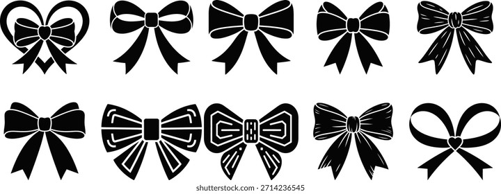 Conjunto de Vector de lazos de cinta decorativa en silueta negra. Colección de los iconos y Elementos de diseño elegantes del arco del regalo para los días festivos, las bodas, los cumpleaños, y las Navidades, aislados en el fondo blanco.