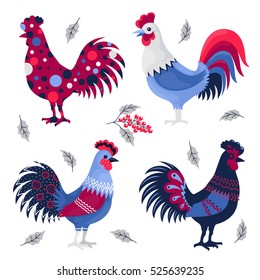 Vector set of decorative roosters. Made in a flat style. Isolated objects on a white background. The symbol of the new year