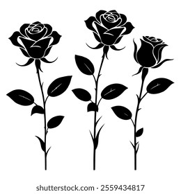 Vector Set of decorative rose black silhouette on white background.