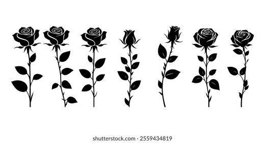 Vector Set of decorative rose black silhouette on white background.