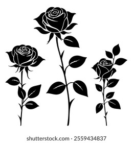 Vector Set of decorative rose black silhouette on white background.