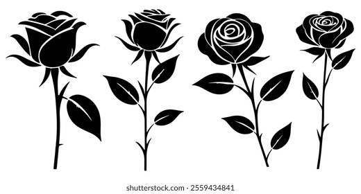Vector Set of decorative rose black silhouette on white background.